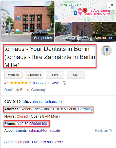 N-A-P (Name, Adresse, Telefonnummer) am Beispiel des Unternehmens Torhaus in Berlin.