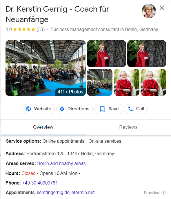 Google Business Eintrag von einer Coach in Berlin