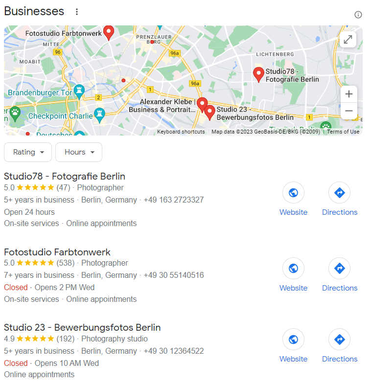 Google Business Profile (früher GMB) Darstellung von Fotografen in Berlin.