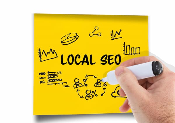 Local SEO auf einem gelben Whiteboard.