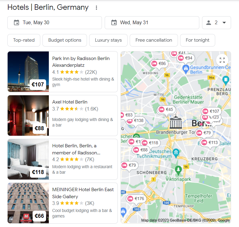 Hotels in Berlin in Google Map Pack