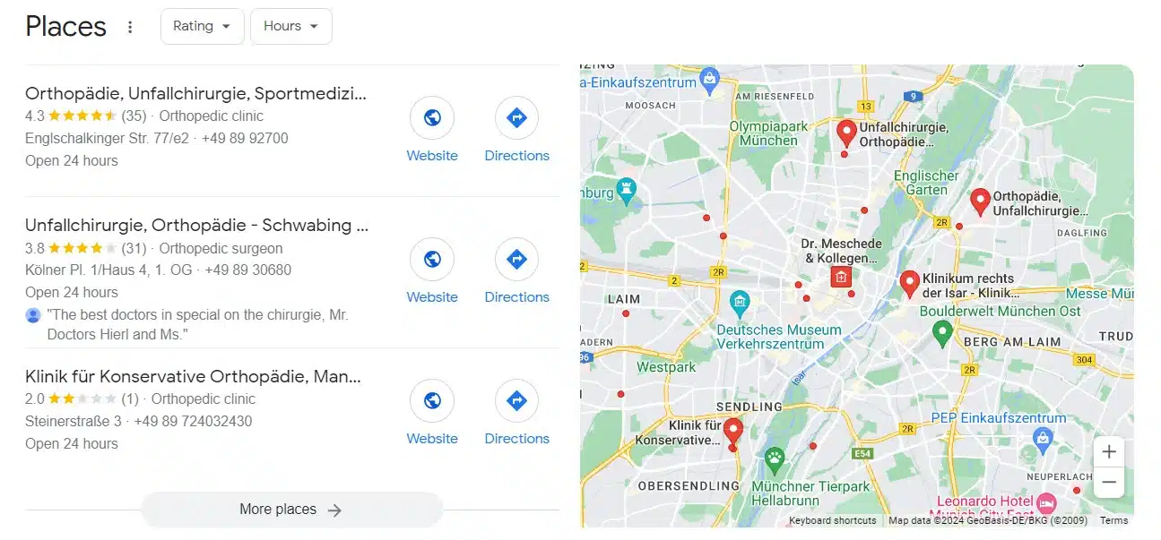 lokale map pack für orthopäde kliniken in münchen