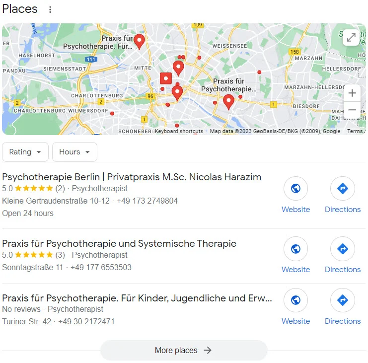 psychotherapeut einträge in google map pack